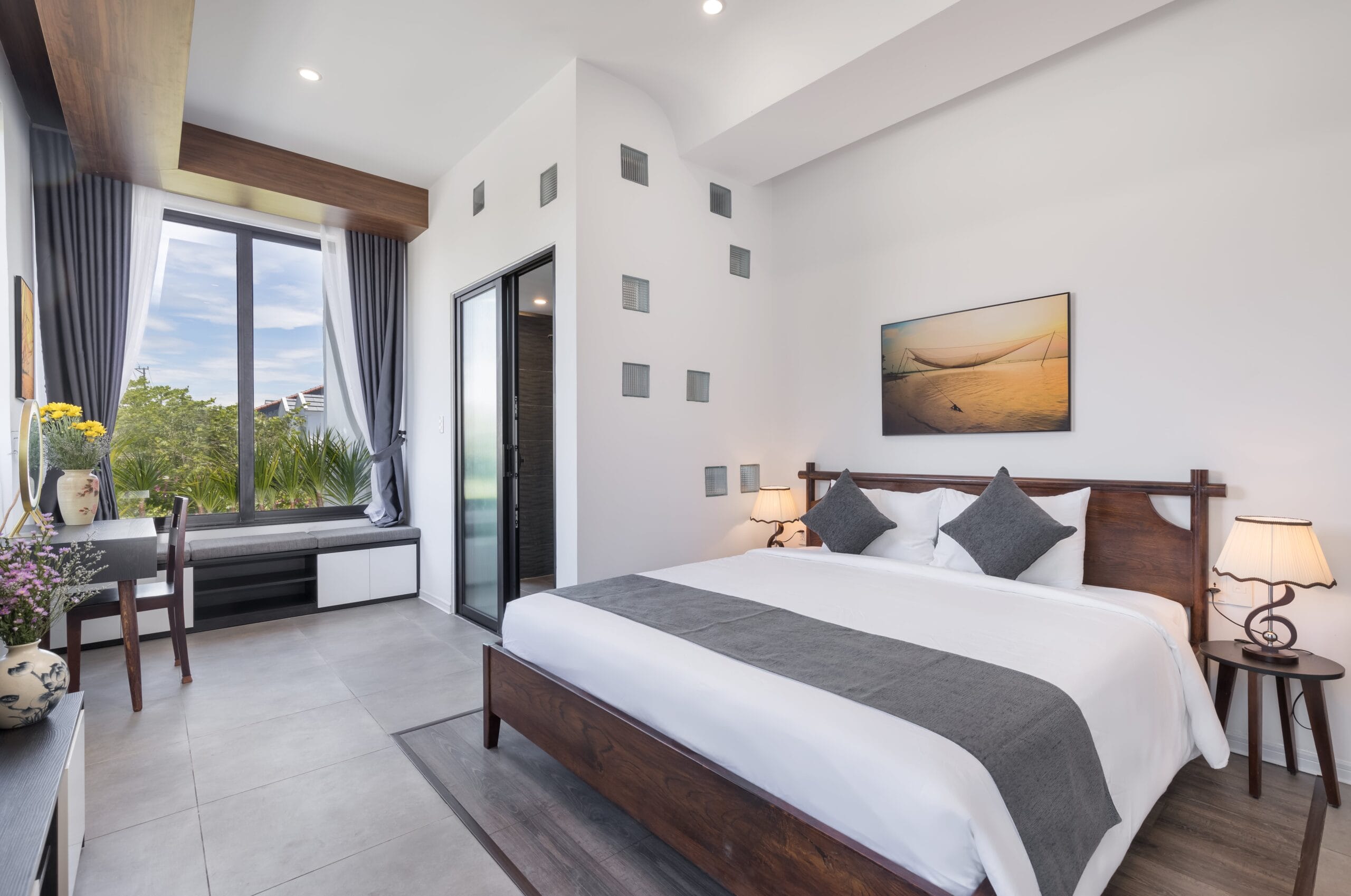 Romantic balcony room overlooking garden in Hoi An